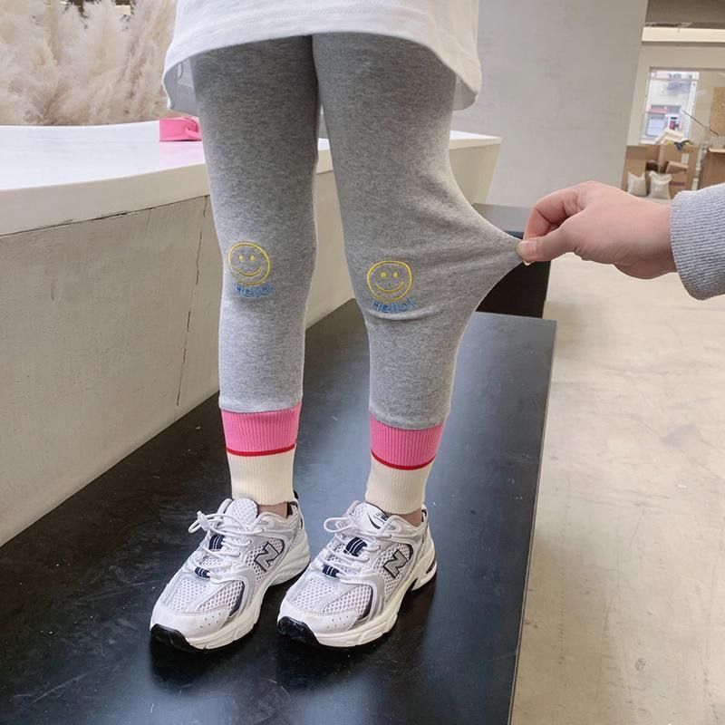 2022春秋新款兒童刺繡打底褲女童修身長褲寶寶撞色褲子洋氣童裝