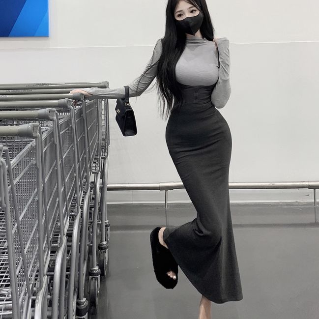 Autumn suit 2022 new fashion bottoming shirt sexy royal sister mermaid strap dress women's two-piece set