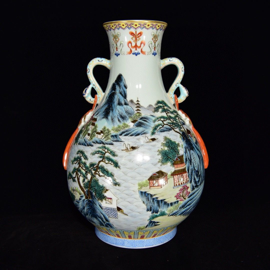 农村乡下收藏官窑清乾隆粉彩山水纹如意耳瓶37×25老瓷器古瓷花瓶