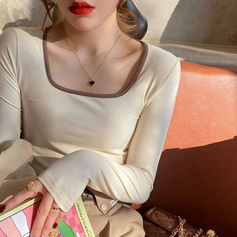 Long-sleeved t-shirt women's 2023 spring and autumn new inner bottoming shirt autumn and winter self-cultivation slim long-sleeved splicing square collar top