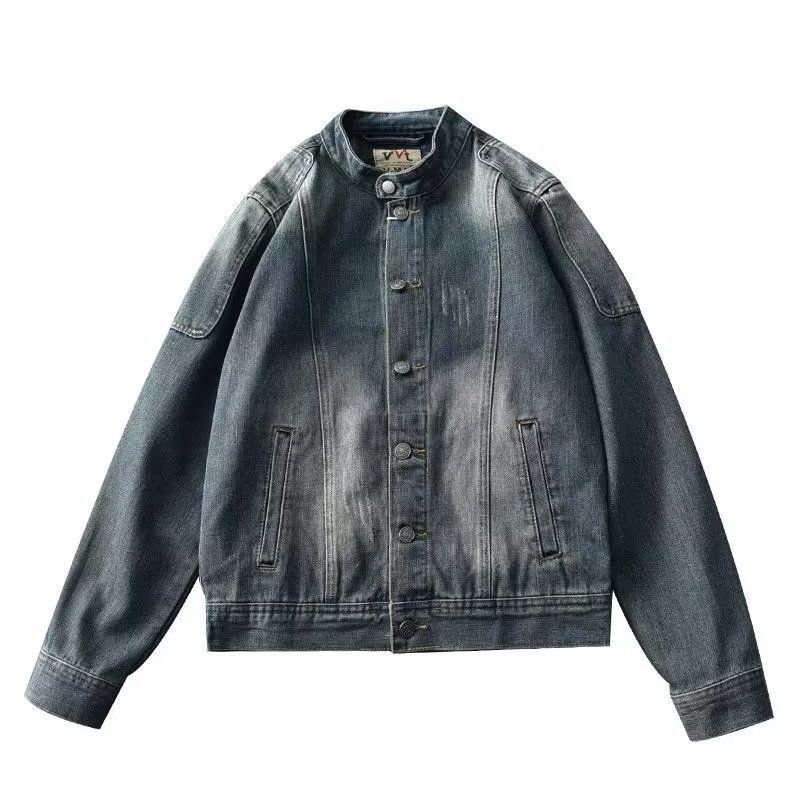 Retro Distressed Motorcycle Denim Jacket Men's European and American Washed Personality Button Collar Stand Collar Trendy Casual Stitching Jacket