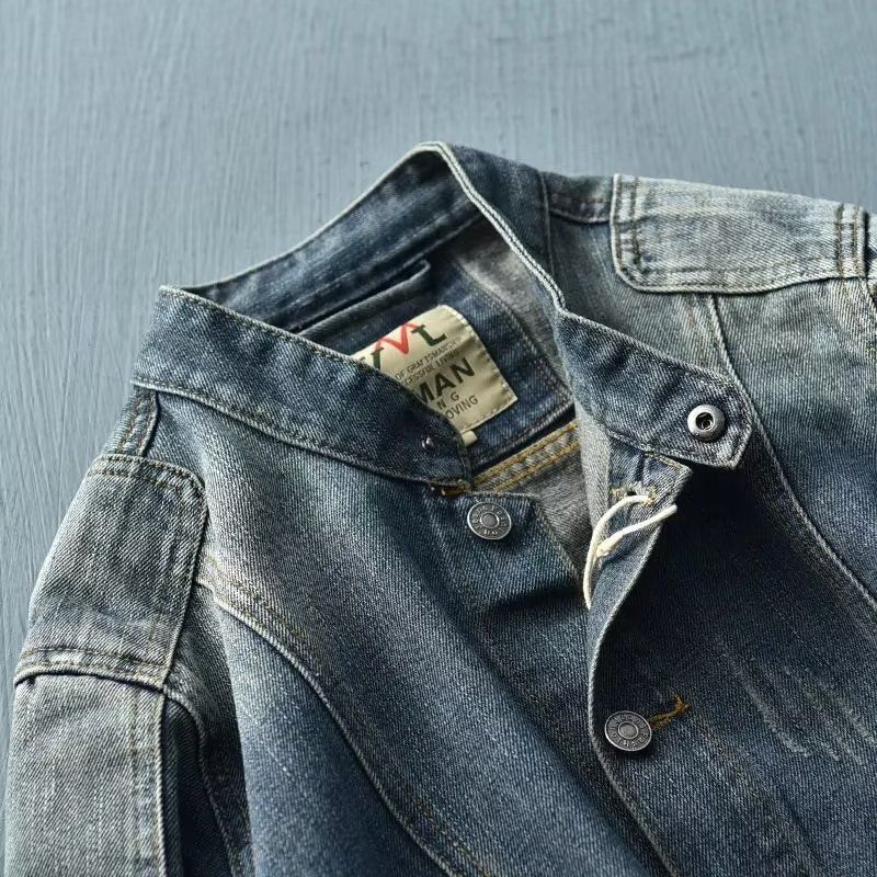 Retro Distressed Motorcycle Denim Jacket Men's European and American Washed Personality Button Collar Stand Collar Trendy Casual Stitching Jacket