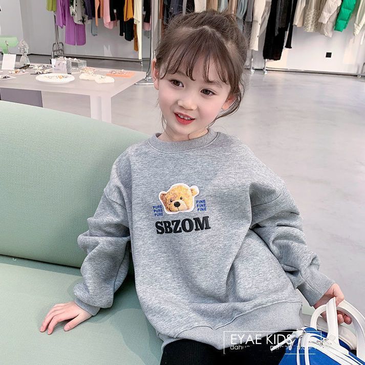 春秋季新款女童小熊圓領印花純棉衛衣韓版寬鬆可愛上衣中大童寶寶