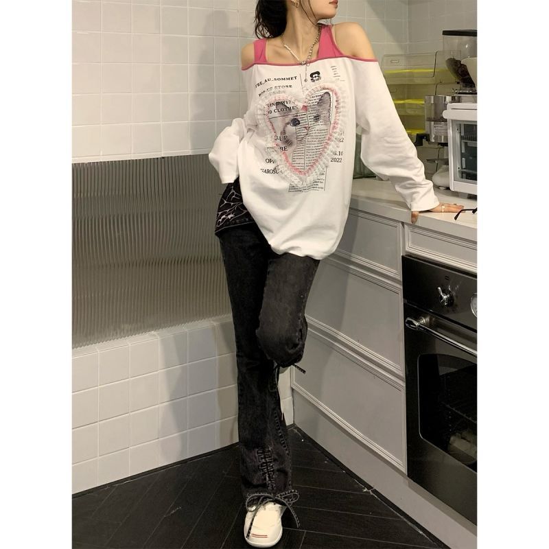 Korean style chic love cat sling one-shoulder pure desire sweet hot girl loose lazy long-sleeved T-shirt women's top autumn