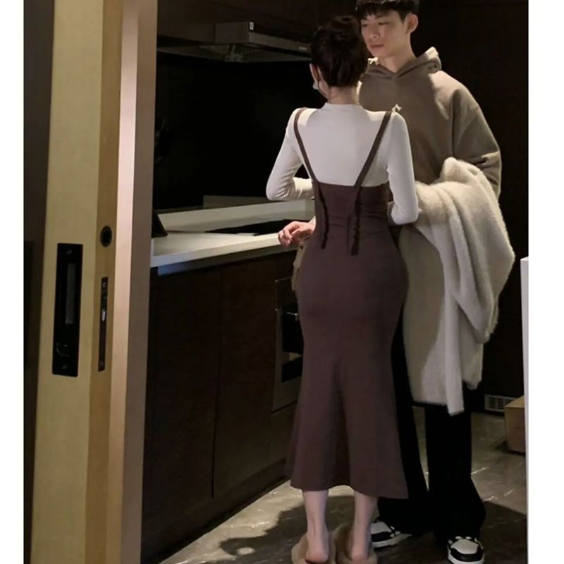Sweet and spicy autumn dress with straps mermaid skirt + half-high collar tight-fitting bottoming t-shirt two-piece suit  autumn women
