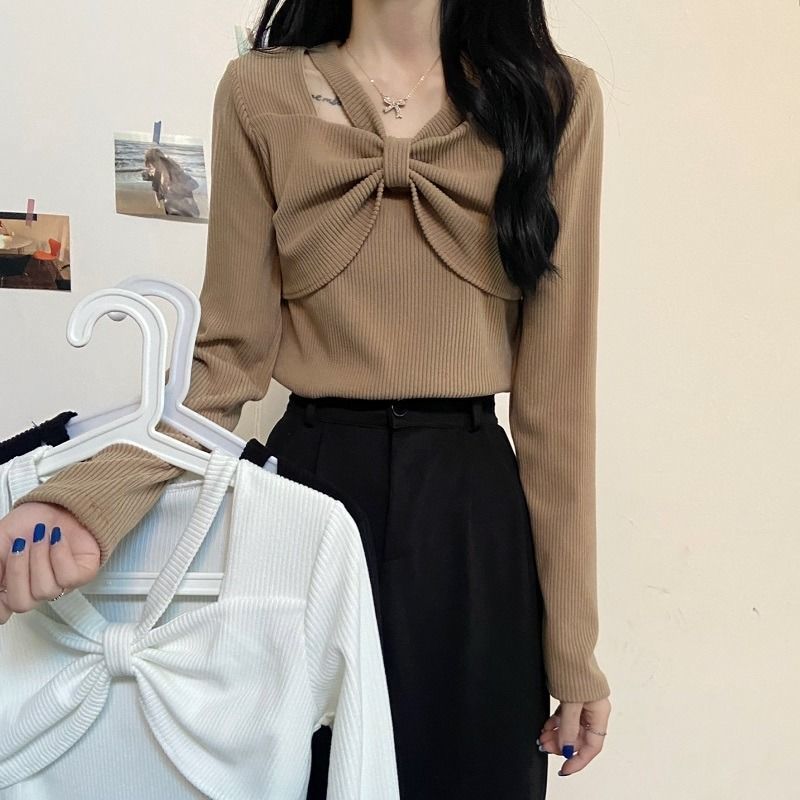 春秋季2022新款純欲掛脖別致設計感小眾上衣女長袖打底衫內搭T恤