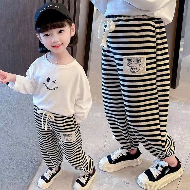 女童褲子夏裝2023新款網紅時髦休閒褲女寶寶條紋中小兒童夏裝長褲