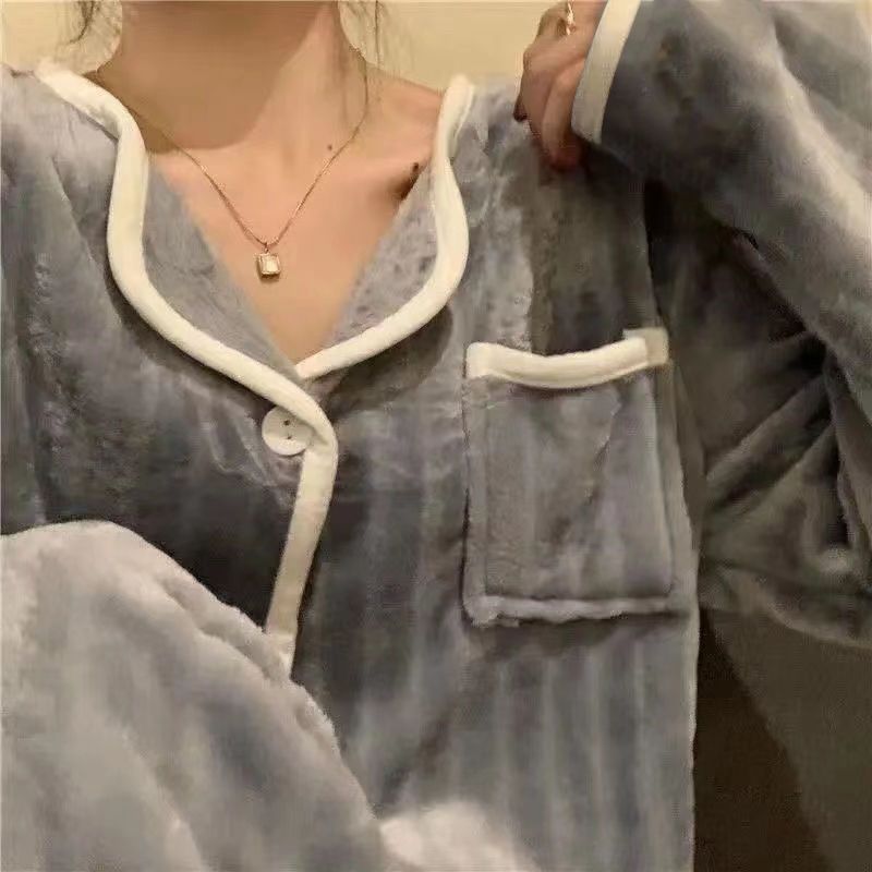 睡衣女士秋冬季新款加絨加厚珊瑚絨學生ins宿舍可外穿家居服套裝