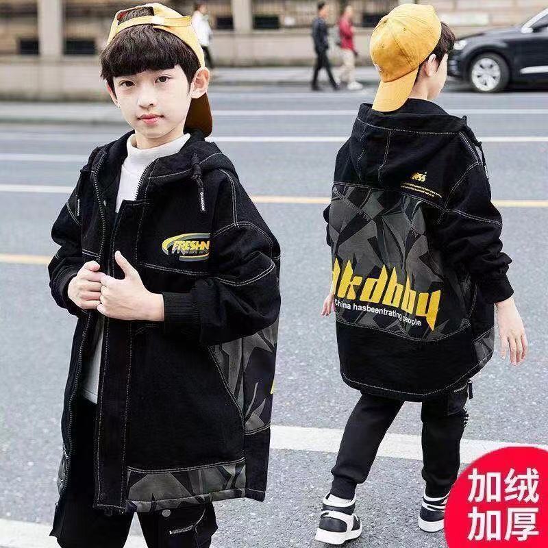 兒童裝男童冬裝外套2023新款中大兒童秋冬季男孩加絨加厚風衣潮酷