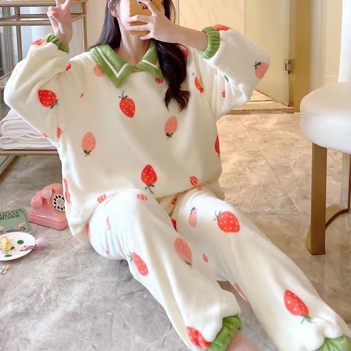 珊瑚绒睡衣女秋冬季性感保暖法兰绒冬天加绒加厚可外穿家居服套装
