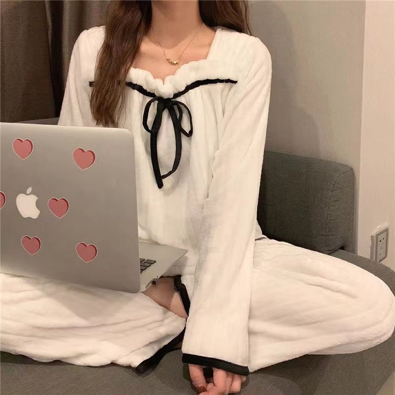 Coral fleece pajamas women's autumn and winter net red ins small fragrance student thick flannel outerwear home service suit