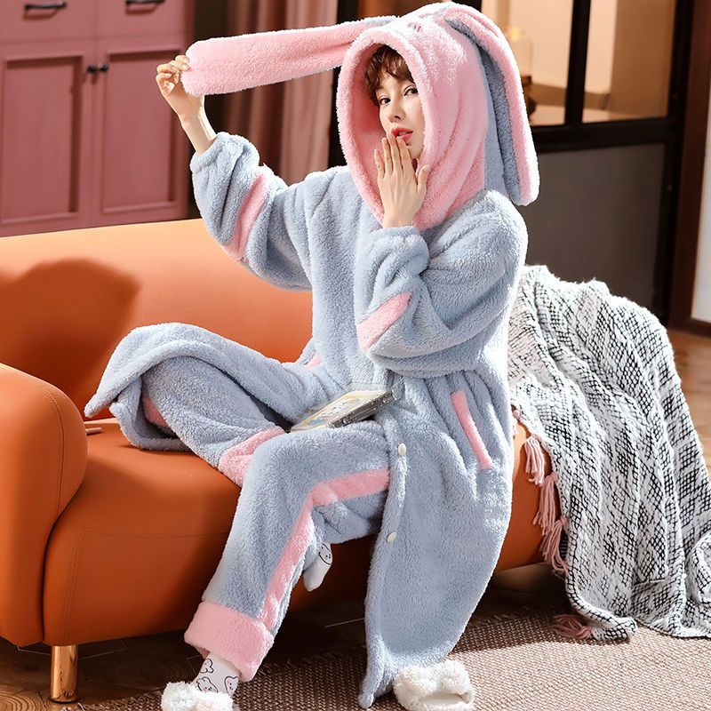 Plush autumn and winter pajamas women's coral fleece nightgown spring and autumn thickened flannel suit home service long-sleeved cotton velvet