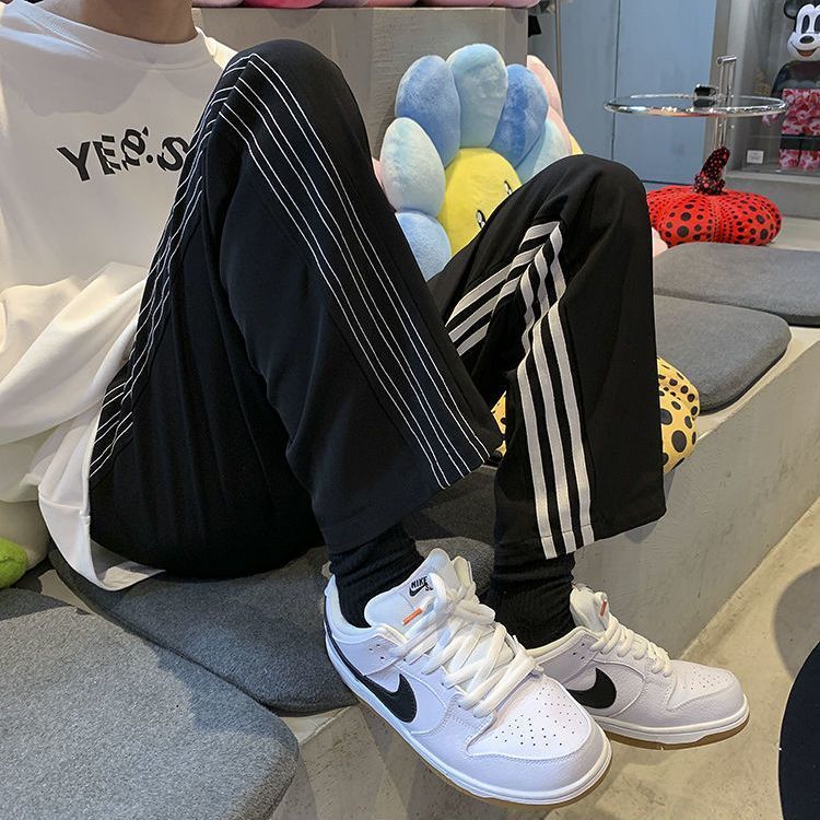 Autumn and winter plus velvet striped sports pants for men and women ruffian handsome fried street casual trousers high street trend all-match loose straight-leg pants