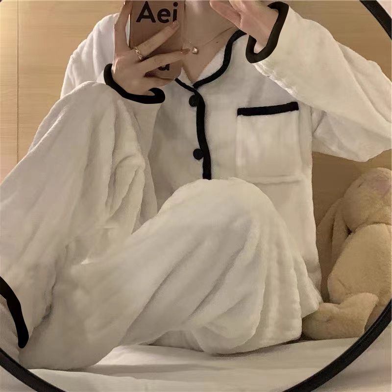 秋冬睡衣女小香風珊瑚絨加厚保暖冬季簡約休閒家居服法蘭絨套裝