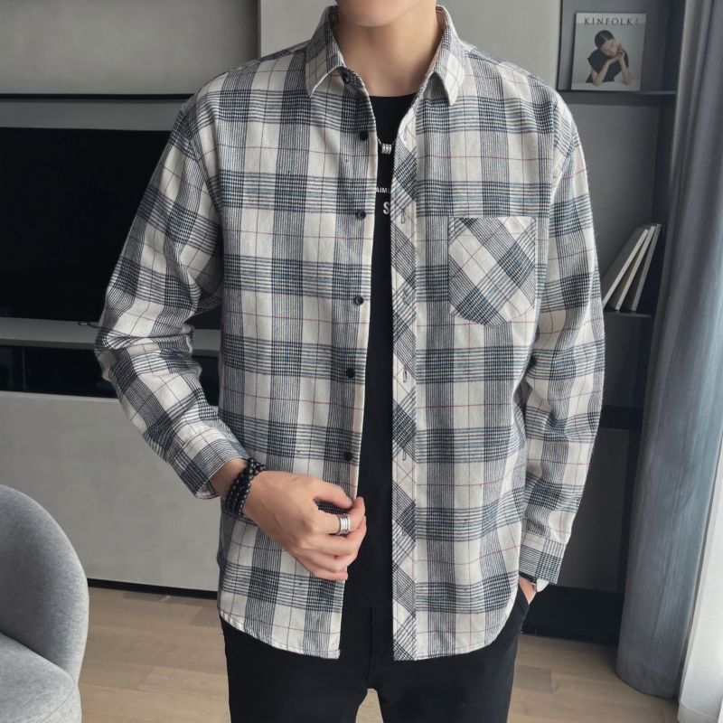 Spring and Autumn Plaid Shirt Men's Hong Kong Style Shirt Jacket Korean Version Loose Plus Size Youth Trend Versatile Top Inch Shirt