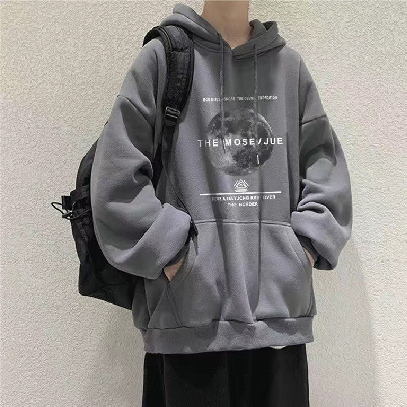 Men's autumn and winter sweatshirts with velvet moon print, men's hooded Korean style loose trendy jackets, American clothes, men's autumn styles