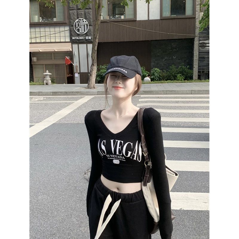Autumn clothes women's tight tops long sleeves high waist short t-shirts foreign style all-match small V-neck bottoming shirt winter
