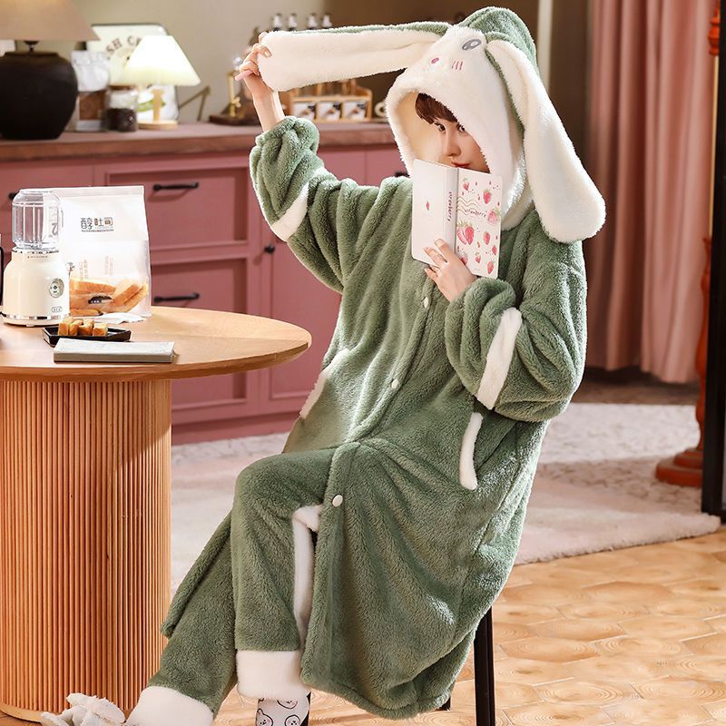 Plush autumn and winter pajamas women's coral fleece nightgown spring and autumn thickened flannel suit home service long-sleeved cotton velvet