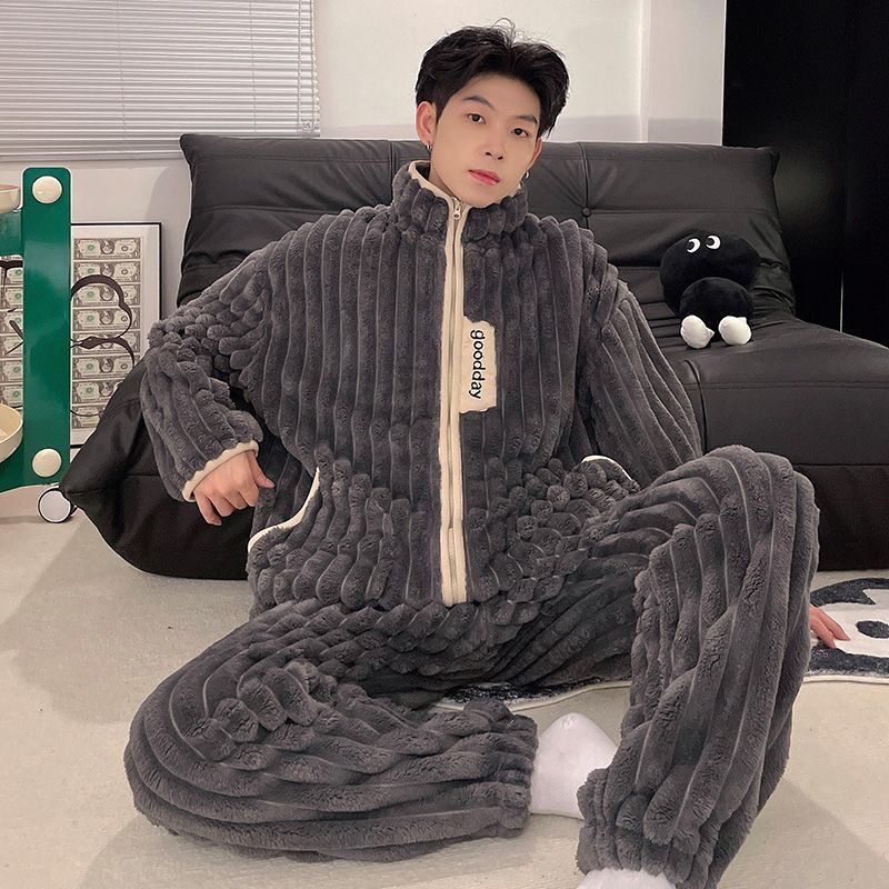 新款睡衣男冬季加絨兩件套珊瑚絨法蘭絨套裝大碼保暖家居服可外穿