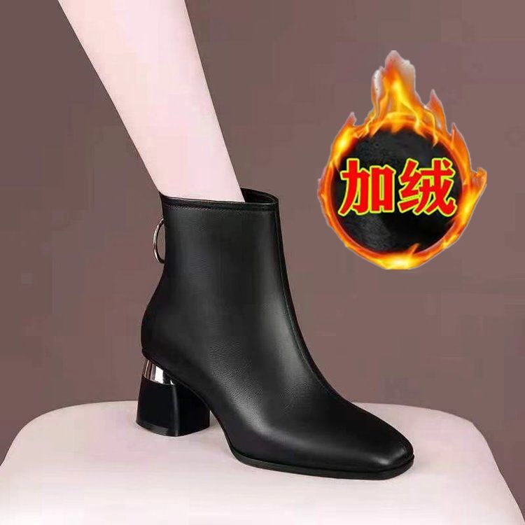 真皮馬丁靴女2022秋冬季網紅高跟短靴女英倫風方頭加絨時裝靴皮靴