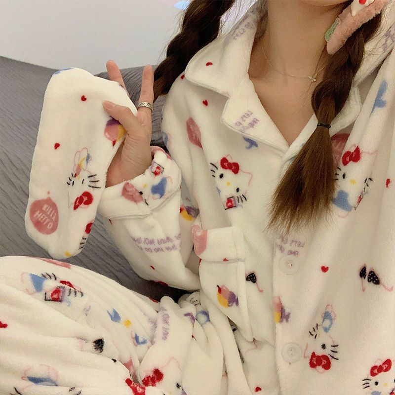 hellokitty睡衣韓版ins法蘭絨冬款加厚加絨卡通保暖家居服女秋冬