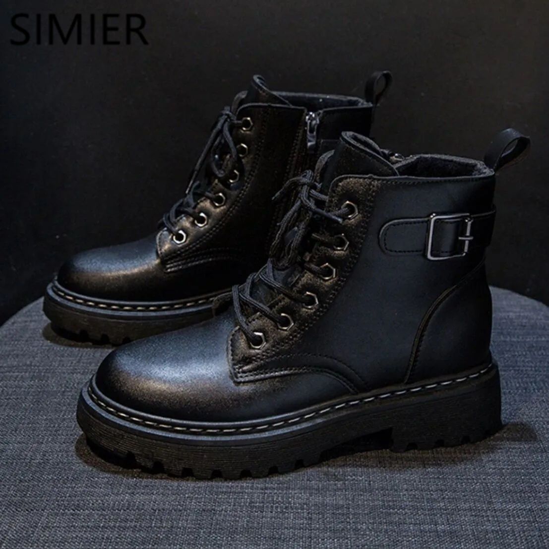 SIMIER new  autumn and winter black Martin boots women plus velvet all-match British style net red ins short boots cotton shoes