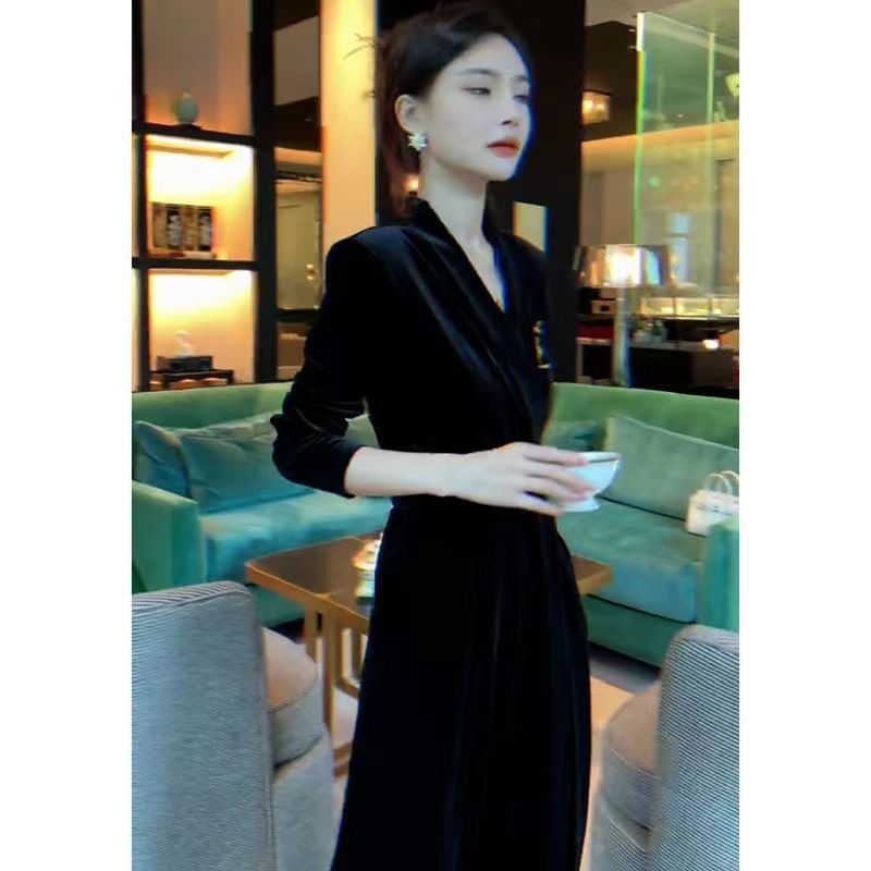 Temperament and simple jumpsuit women's  new high waist long-sleeved hanging feeling thin V-neck tie gold velvet jumpsuit