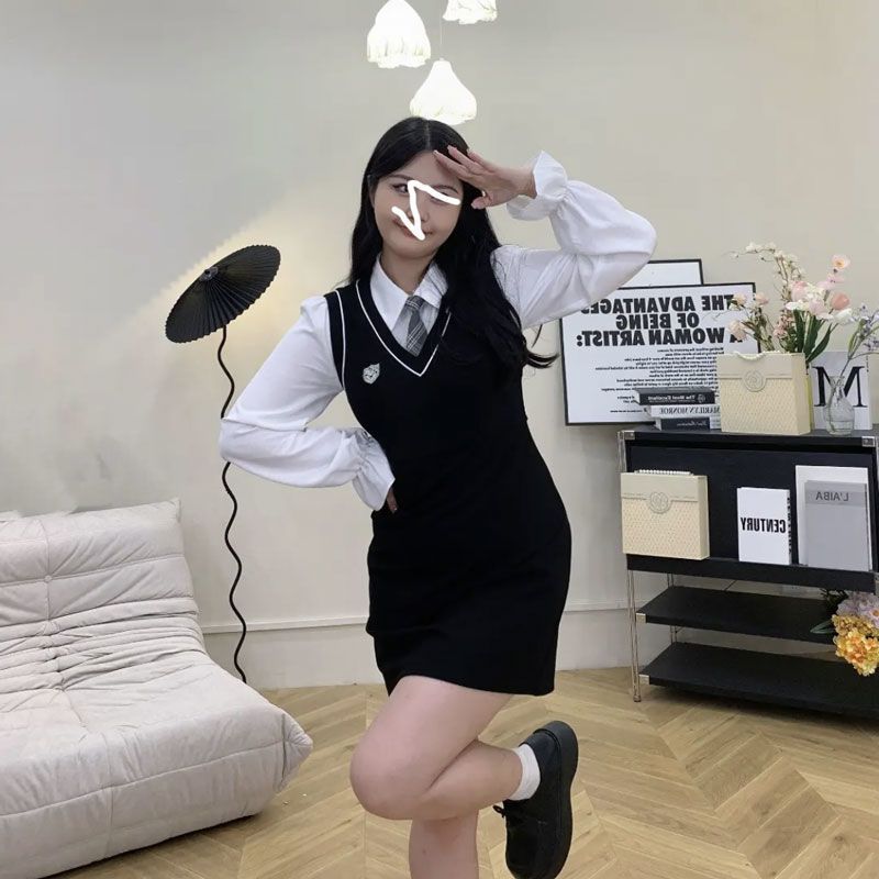 Plus Size Women's Clothing 2022 Fall College Style Waist Sling Knitted Dress Women's Fat MM Shirt Tops Two-piece Set