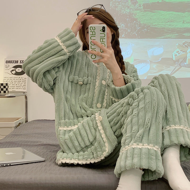 睡衣女新款冬季加絨珊瑚絨法蘭絨套裝大碼保暖兩件套家居服網紅款