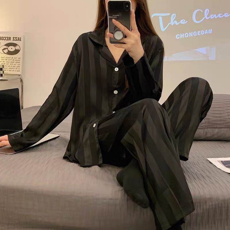 Women's pajamas spring and autumn long-sleeved cardigan thin section ice silk cool student cute loose home service suit spring and summer