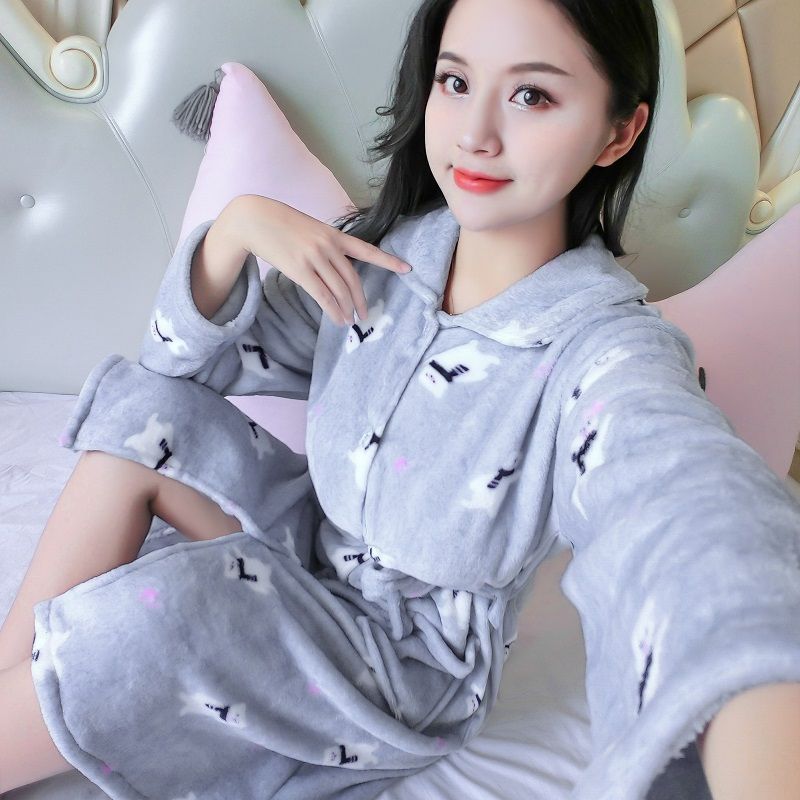 Coral fleece pajamas women's winter nightgown thickened long button bathrobe cute long-sleeved flannel nightdress home service