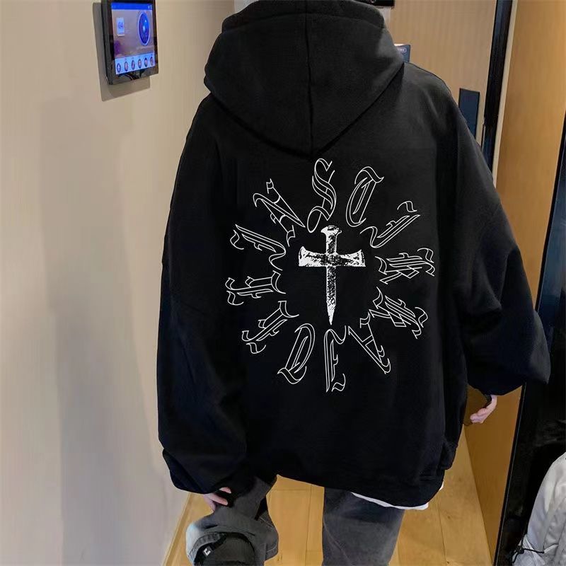 100%純棉美式復古hiphop連帽衛衣男女秋冬十字架加絨加厚寬鬆外套