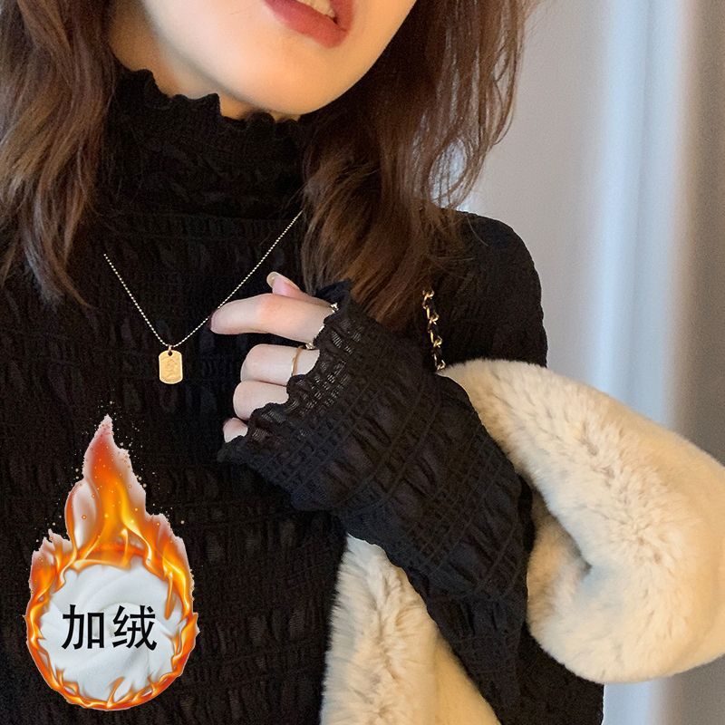高領蕾絲網紗衣打底衫女紗衣秋冬新款洋氣長袖內搭小衫加絨上衣潮
