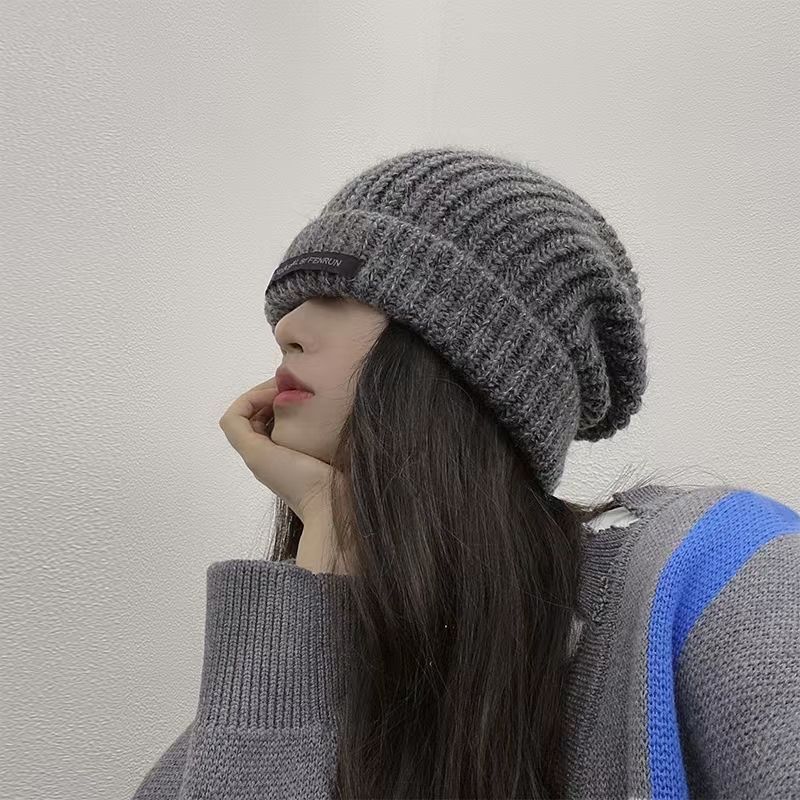Big head around face small hat female autumn and winter loose black gray woolen hat cold hat trendy ins all-match warm knitted hat