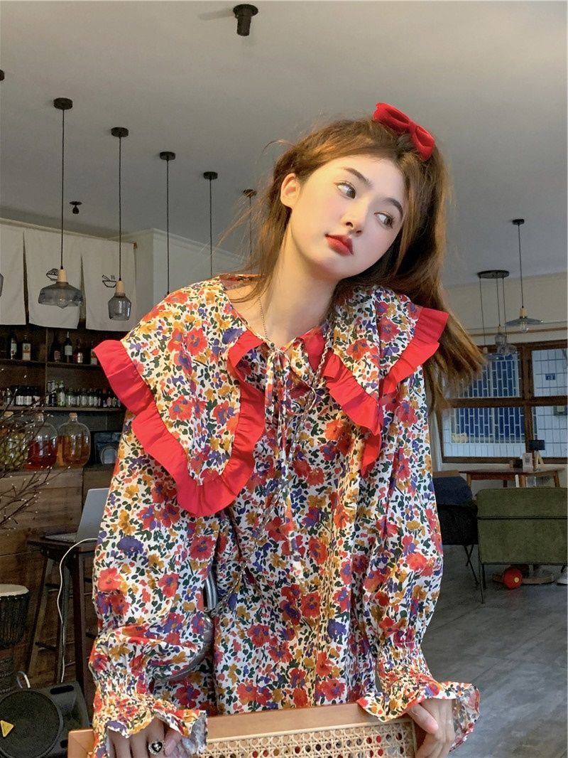 小清新碎花娃娃衫女春季韓版寬鬆百搭甜美減齡印花娃娃領襯衫上衣