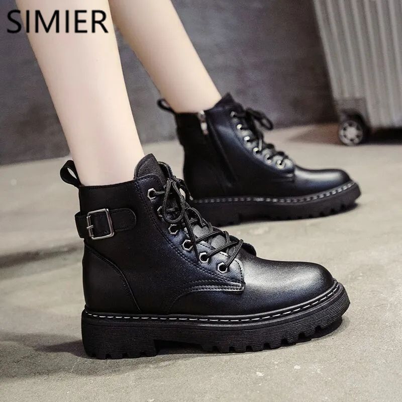 SIMIER new  autumn and winter black Martin boots women plus velvet all-match British style net red ins short boots cotton shoes