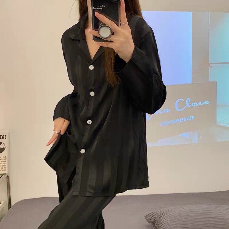 Women's pajamas spring and autumn long-sleeved cardigan thin section ice silk cool student cute loose home service suit spring and summer