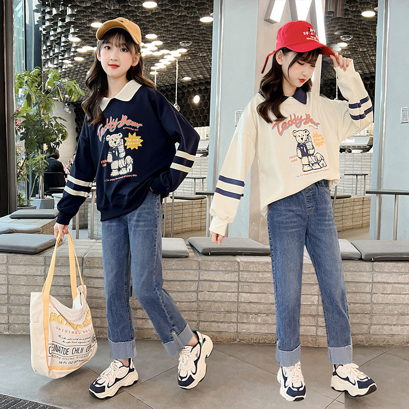 女童春裝套裝2023新款中大童洋氣翻邊王心凌同款衛衣女童褲子卷邊