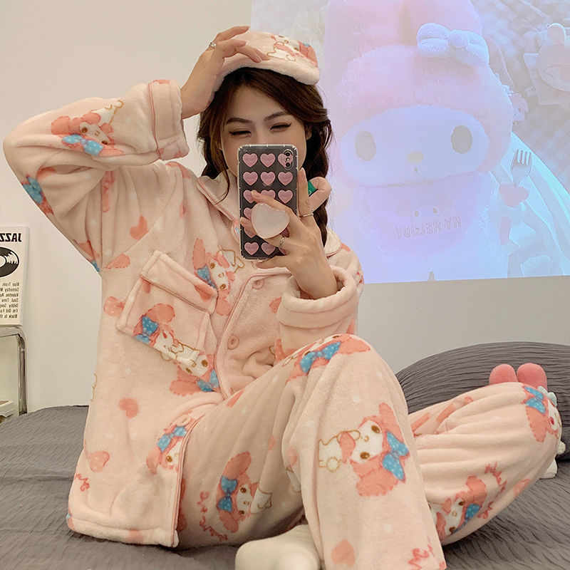 珊瑚絨睡衣女冬ins日系韓版甜美卡通加厚加絨美樂蒂家居服可外穿
