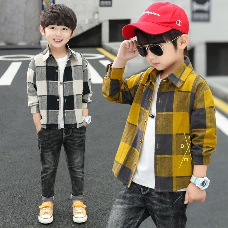 Boys and girls' coat plaid shirt autumn and winter long-sleeved new cotton coat fashion top trend