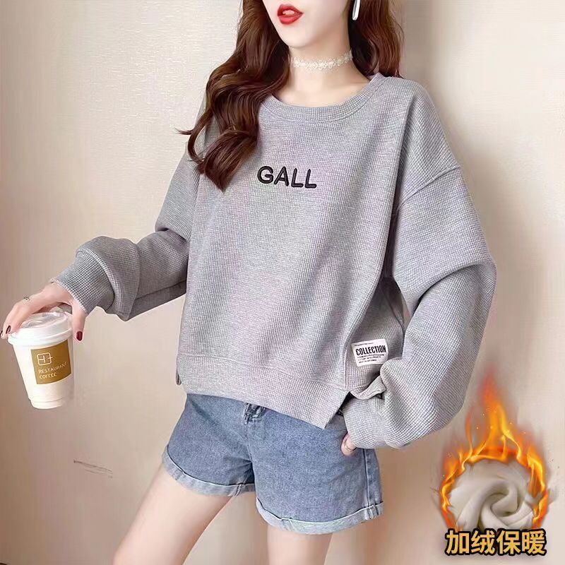 Plus velvet thick sweater women's new autumn and winter Korean version loose design sense long-sleeved short large size top ins