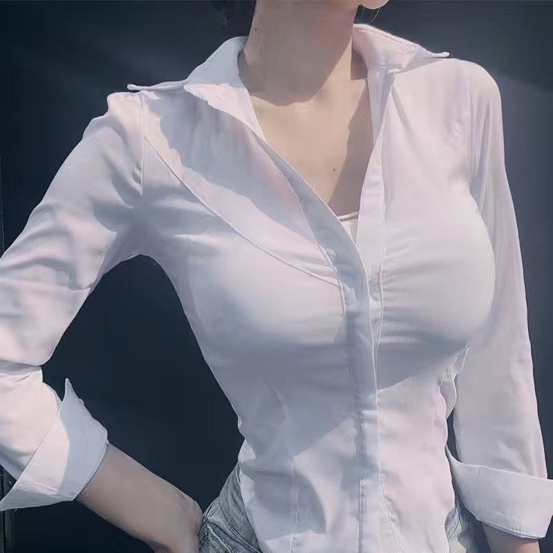 襯衫女新款2022春夏主播服裝復古OL性感低胸緊身顯瘦百搭長