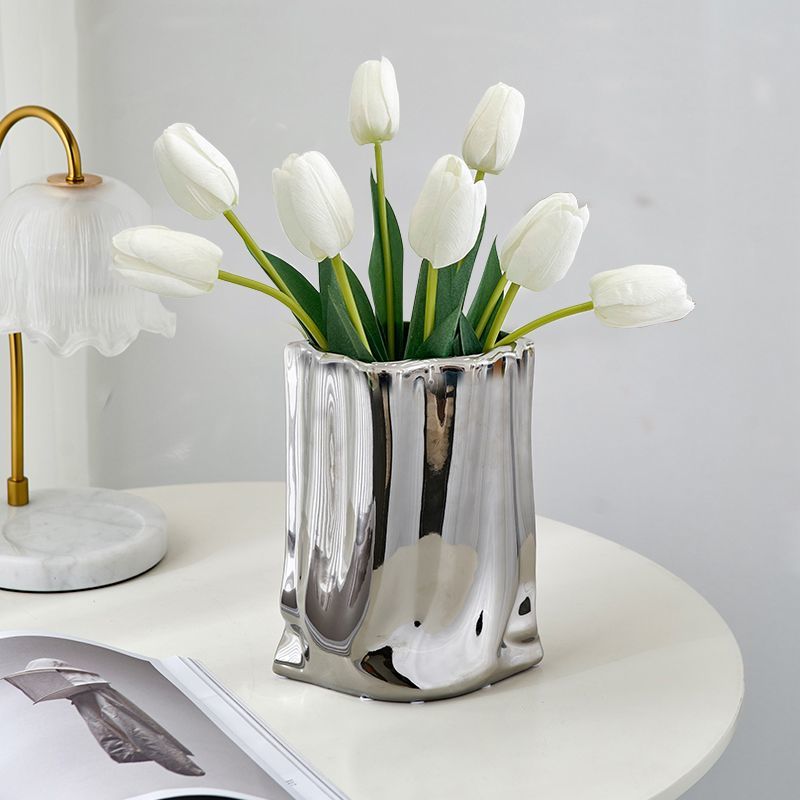 轻奢电镀银色花瓶摆件客厅插花小众高级感餐桌装饰花艺仿真鲜花器