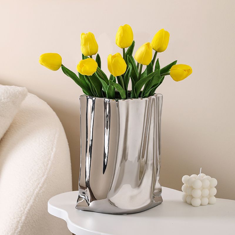 轻奢电镀银色花瓶摆件客厅插花小众高级感餐桌装饰花艺仿真鲜花器