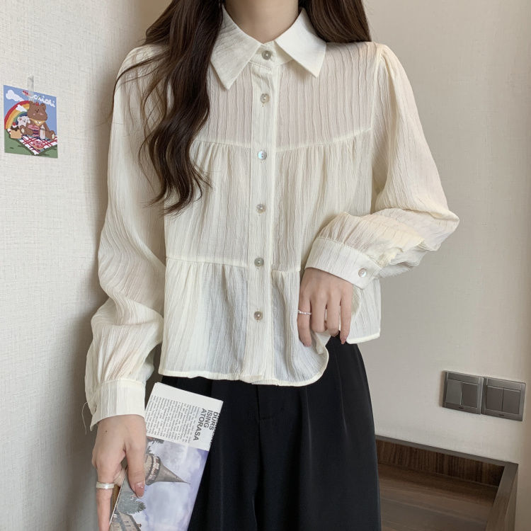 秋季新款韩系翻领单排扣百搭长袖娃娃衫法式设计感小众短款衬衫女