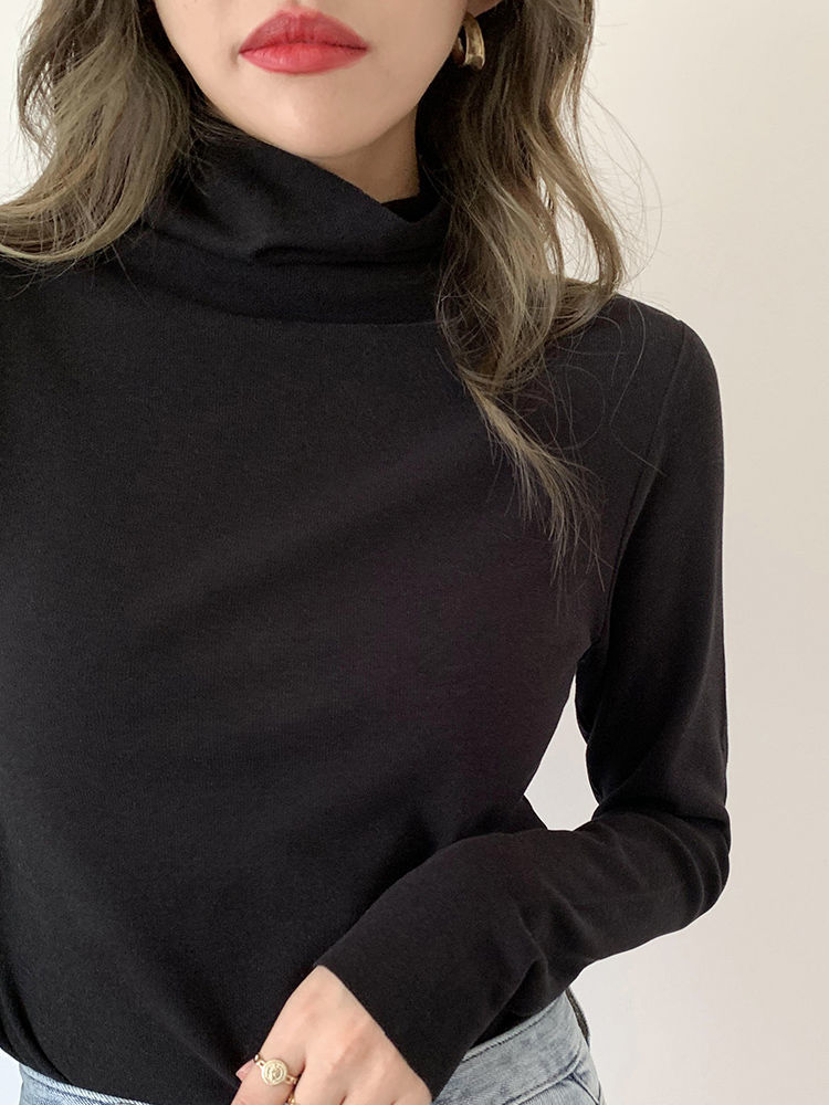 Turtleneck bottoming shirt, spring, autumn and winter long-sleeved T-shirt for women, slim-fitting stacked collar sweatshirt, layered inner top, plus velvet trend