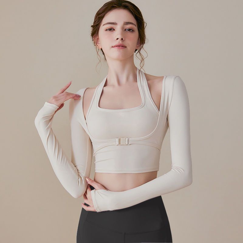 設計感瑜伽服女帶胸墊健身衣長袖普拉提訓練服掛脖純欲健身套裝秋