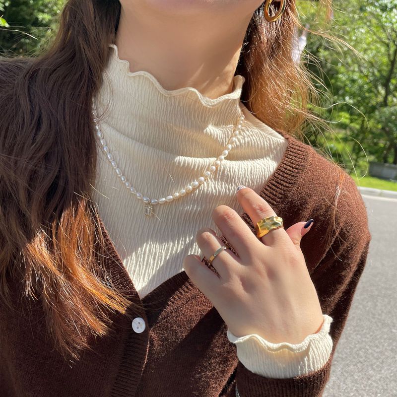 半高領木耳邊打底衫女紗衣2023春秋新款長袖T恤內搭上衣別致小衫