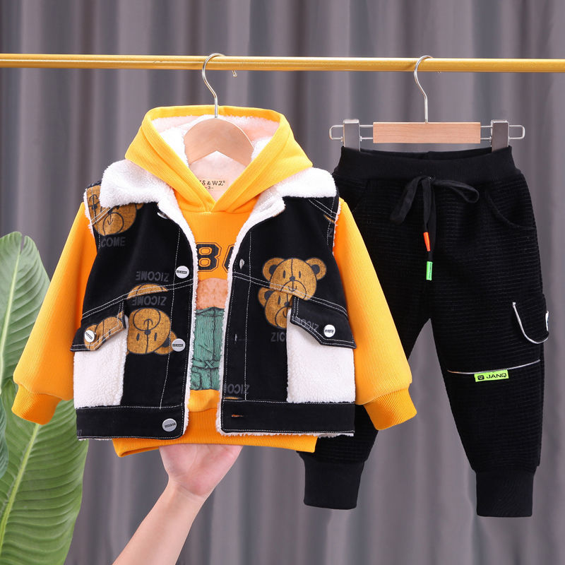 男童套裝冬裝衣服女寶寶童裝棉衣兒童加厚冬季加絨衛衣牛仔三件套