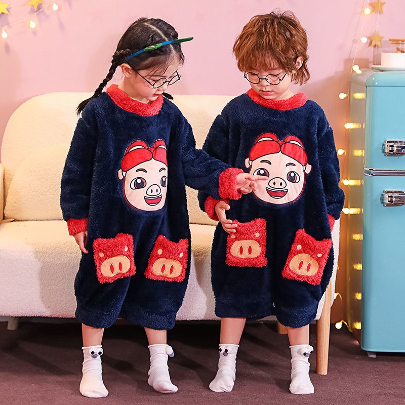 Children's pajamas winter one-piece plush boys and girls cartoon anti-kick quilt sleeping bag thickened home clothes for big children